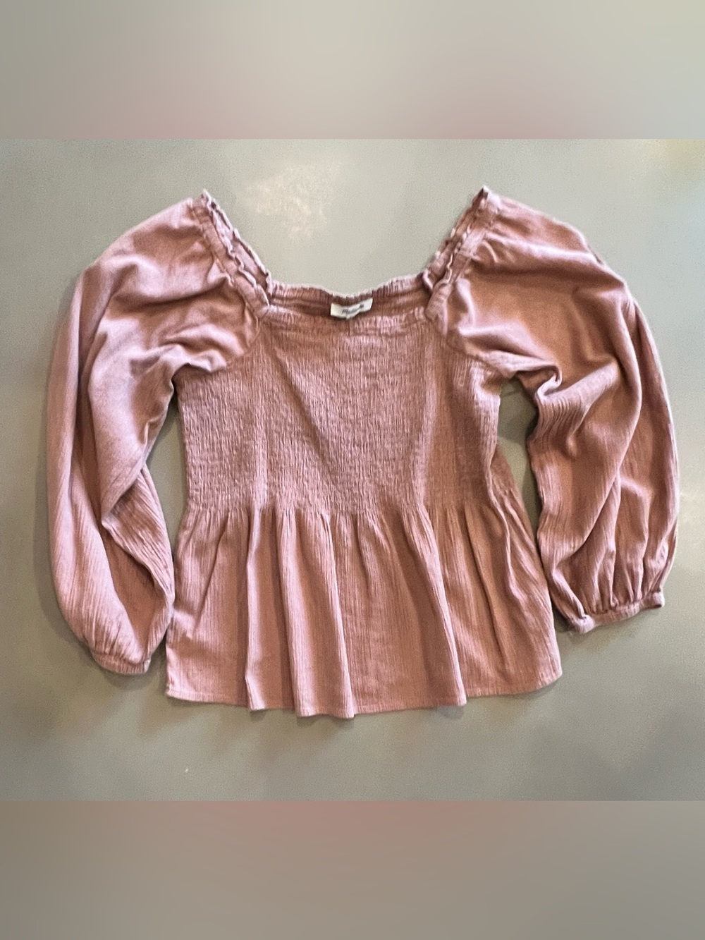 Madewell Dusty Rose Smocked Peplum Long-Sleeve Top SIZE 8